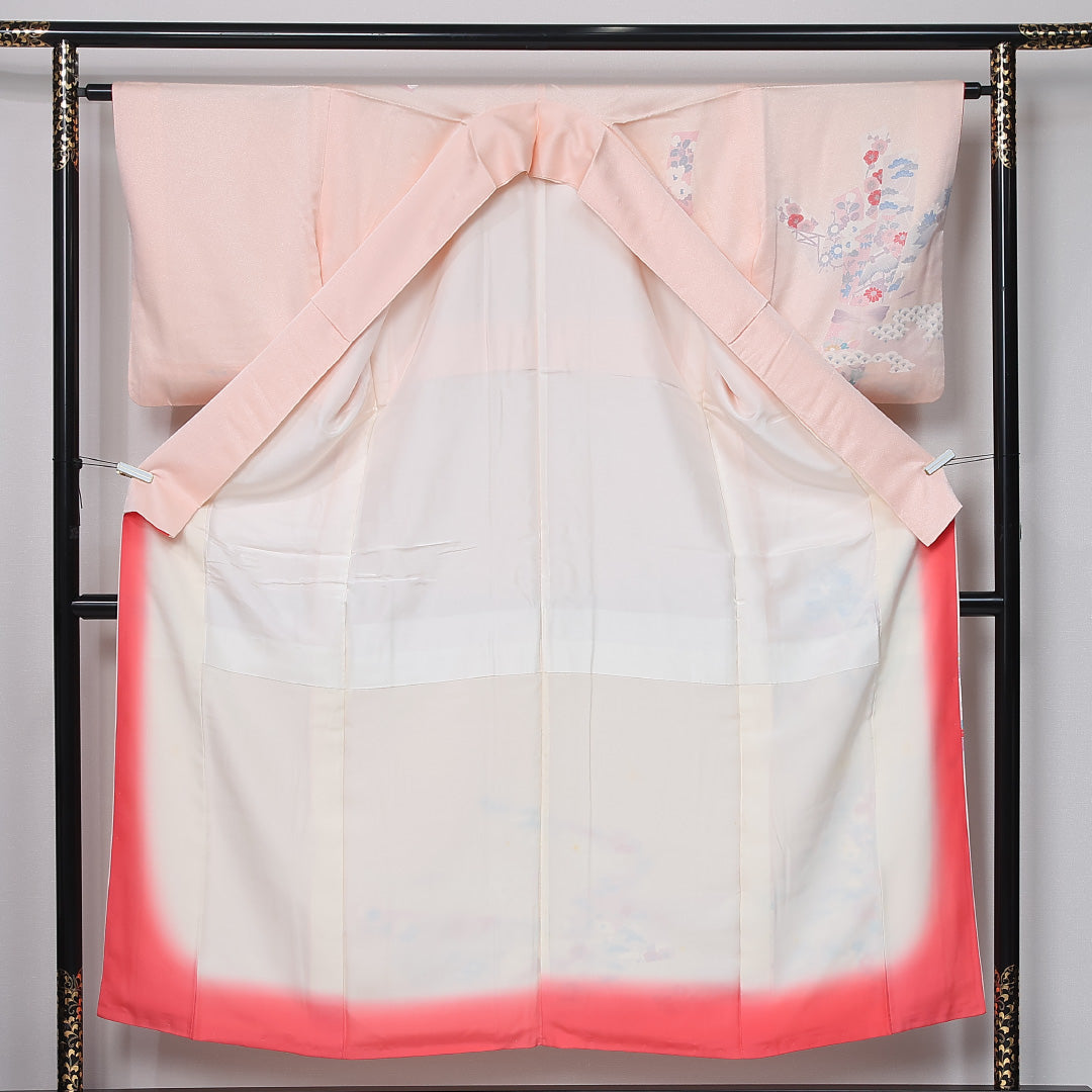 訪問着 袷 身丈152cm 裄丈63cm 正絹 Bランク セミフォーマル 広衿 Sサイズ 青海波 植物柄 光悦垣 ピンク系 RP 1217-12026