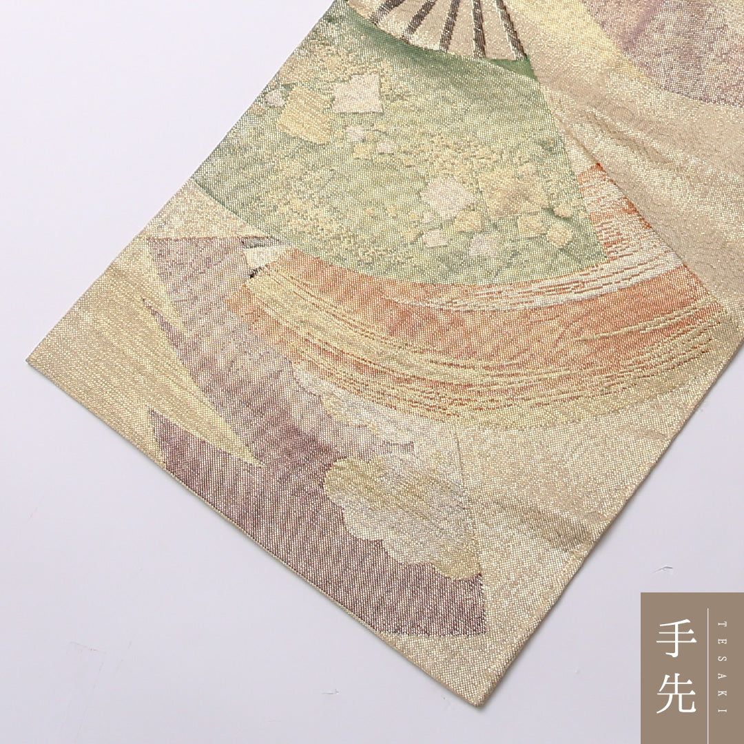 袋帯 帯丈432cm 六通 未仕立て フォーマル Aランク 正絹 雲取り 扇 古典的 落ち着き 金系 1223-01610