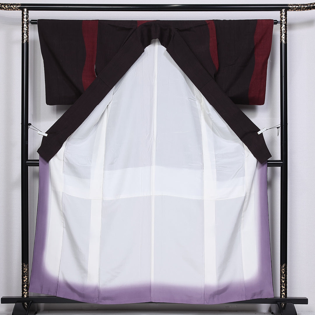 紬 身丈160cm 裄丈63.5cm L 正絹 Aランク 袷 広衿 よろけ縞 真綿紬 1216-10516