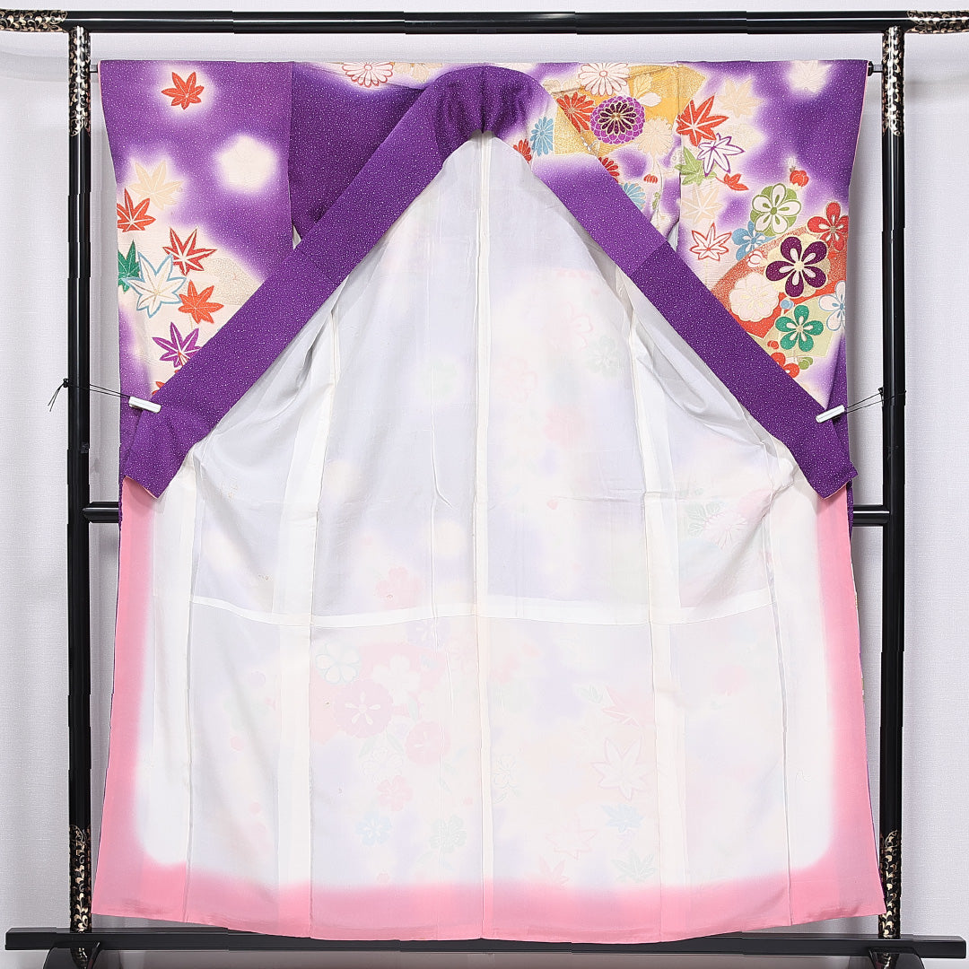 振袖 身丈157cm 裄丈65cm 袷 正絹 Cランク 広衿 菊 梅 紅葉 金駒刺繍 扇 1213-F0391