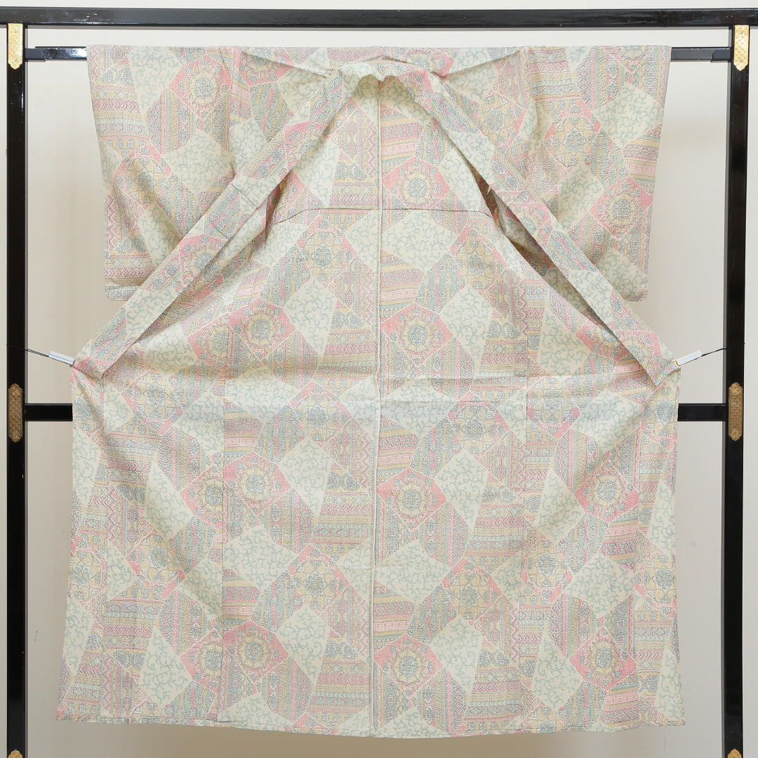 小紋 単衣 身丈150cm 裄63cm クリーム系 ウール Aランク 1215010243215