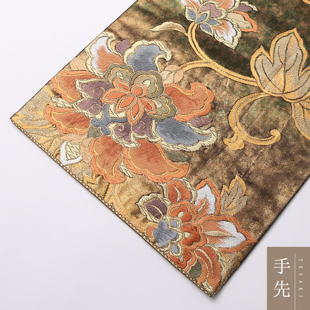 袋帯 帯丈440cm 六通 フォーマル Sランク 正絹 唐織 引箔 唐華 古典的 重厚感 金系 1223-01620