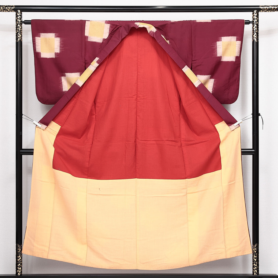 アンティーク お召 袷 身丈152cm 裄丈62cm 正絹 Cランク バチ衿 Sサイズ 十字絣 赤系 RP 1222-14133