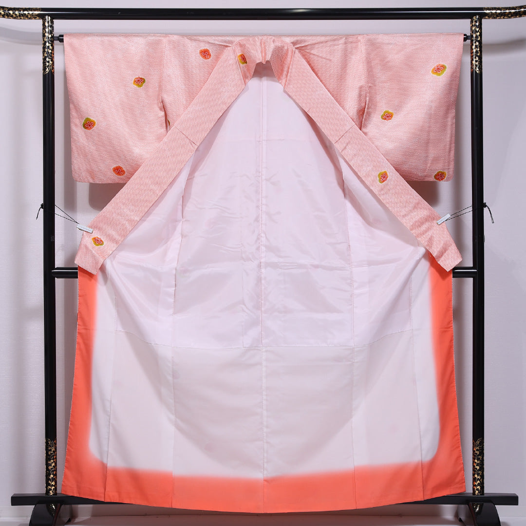 洗える着物 小紋 (お召) 袷 身丈160cm 裄丈64cm ポリエステル Sランク インフォーマル 広衿 Lサイズ 亀甲 ピンク系 RP 1221-11655