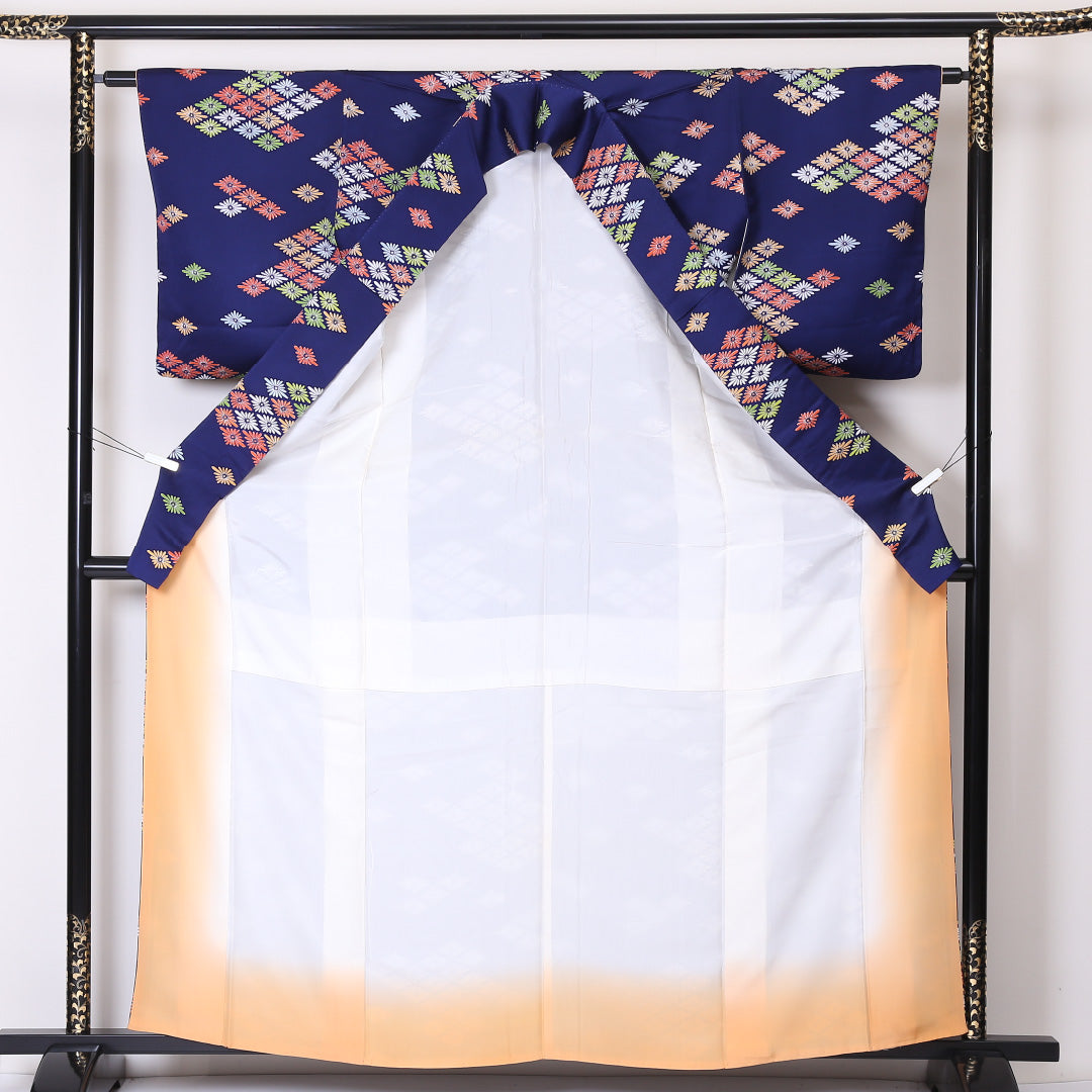 小紋 袷 身丈163cm 裄63cm 紺系 花菱 洗える着物 Sランク 1215-01970-2418