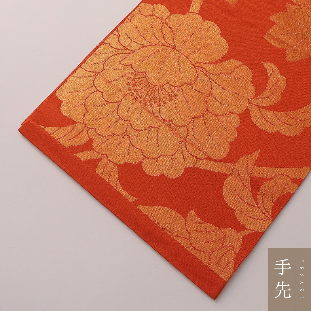 本袋帯 帯丈444cm フォーマル 全通 Sランク 正絹 唐華 蓮 朱系 1223-01894