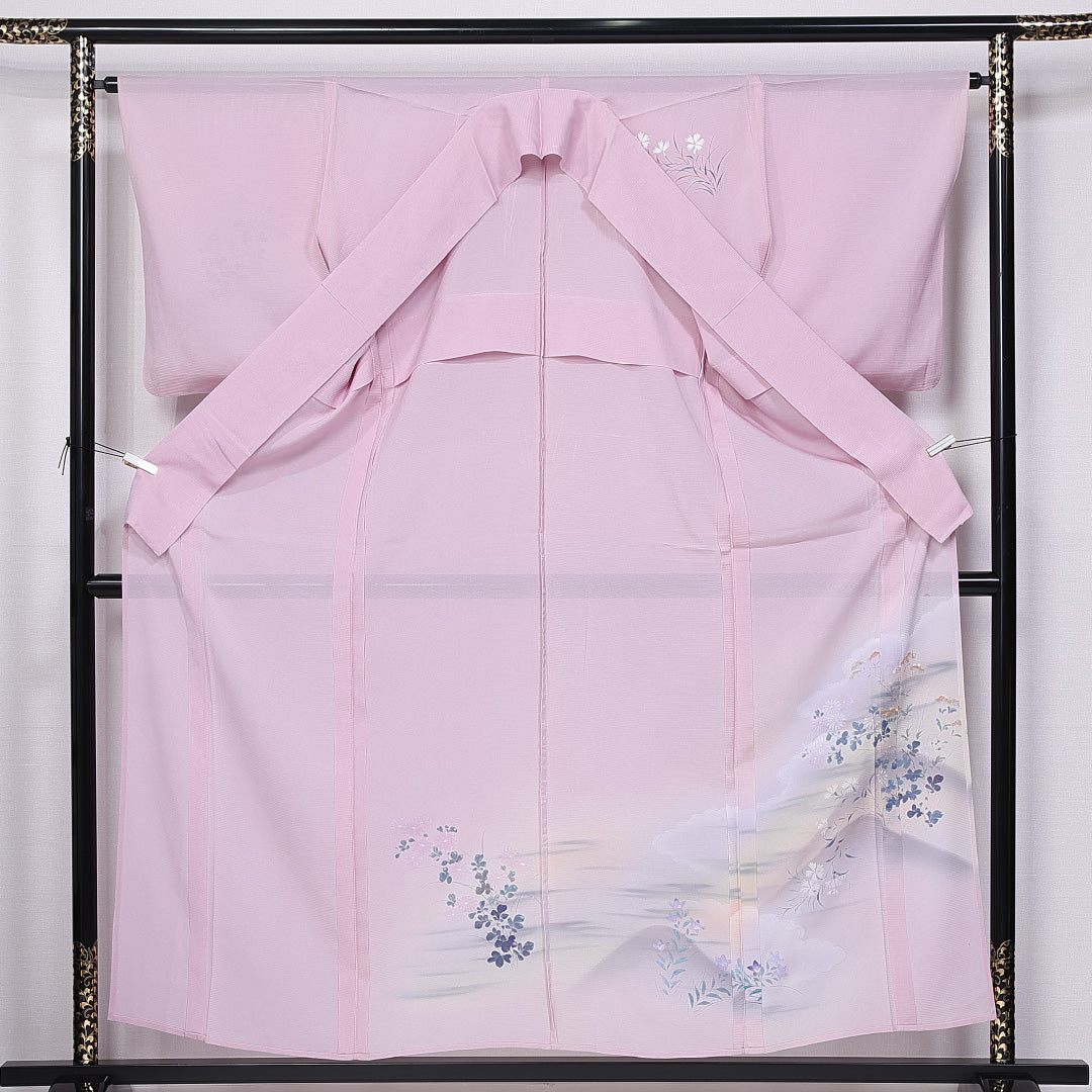 夏物 訪問着 絽 身丈147cm 裄丈55cm 正絹 Aランク セミフォーマル 広衿 XSサイズ 遠山 桔梗 撫子 ピンク系 M4 1217-11202
