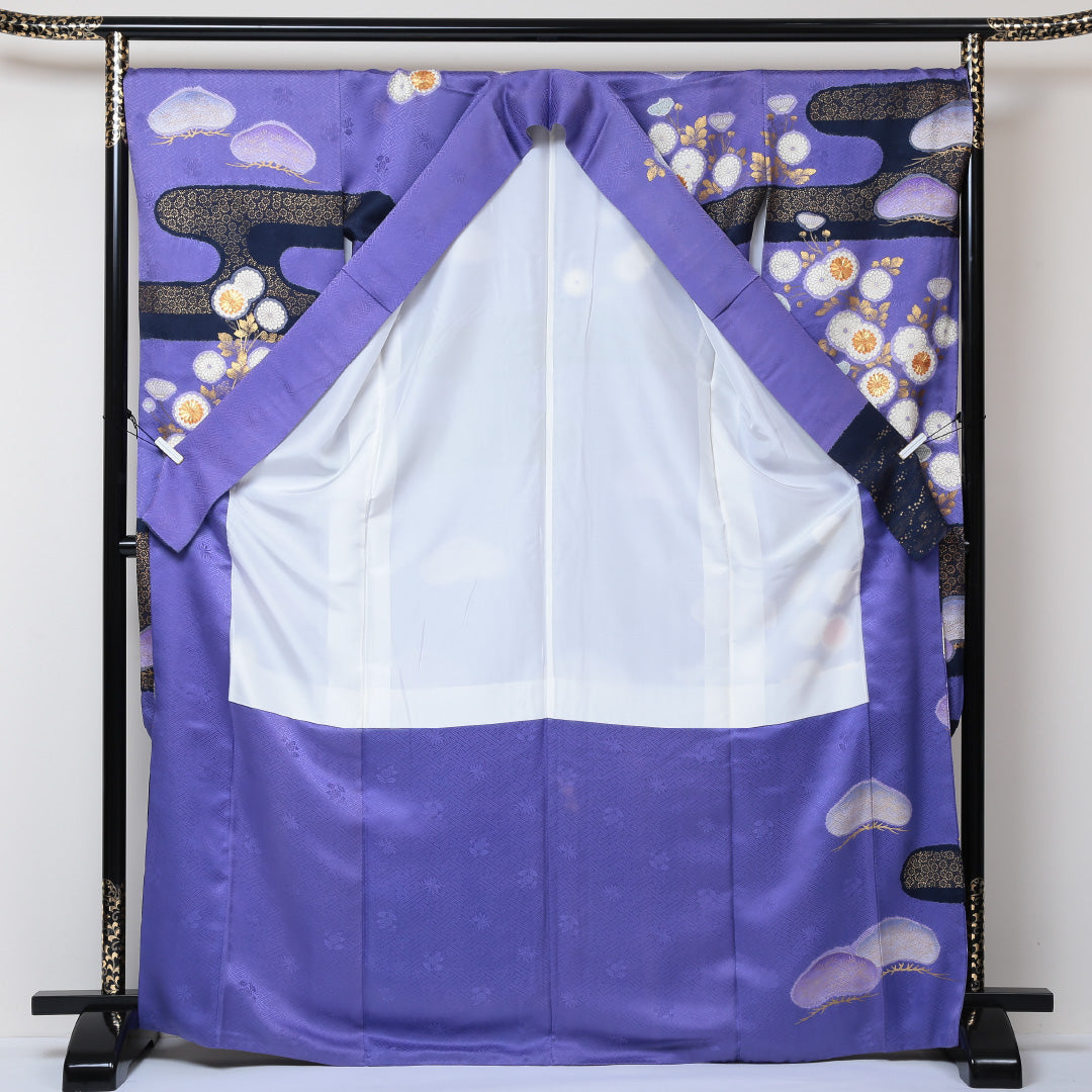 振袖 身丈171cm 裄丈70.5cm Bランク 袷 正絹 広衿 エ霞 金彩 金駒刺繍 松 1213-F0046