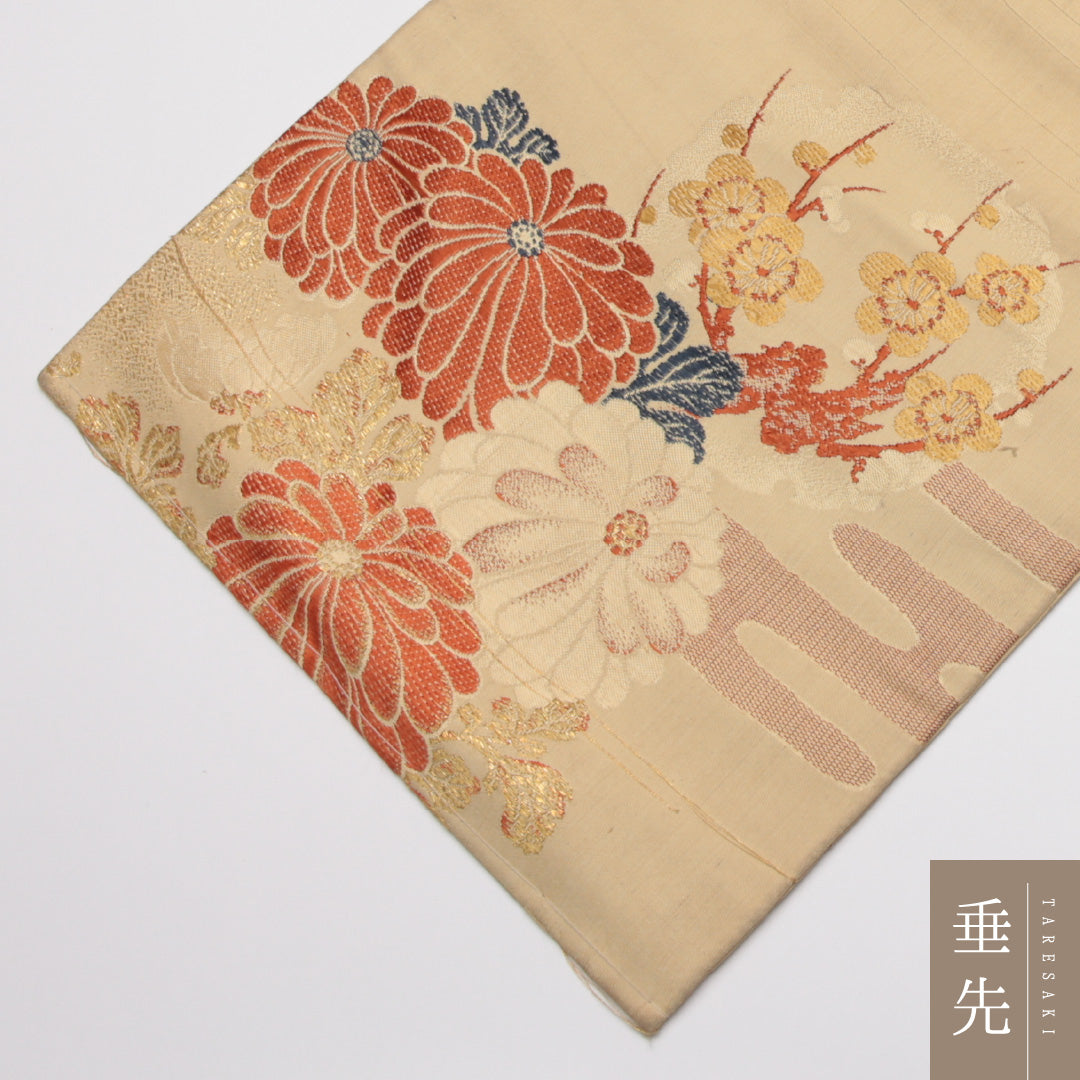 アンティーク 名古屋帯 帯丈339cm Cランク 名古屋仕立て ポイント柄 正絹 雪輪 菊 エ霞 セミフォーマル クリーム系 1224-01535