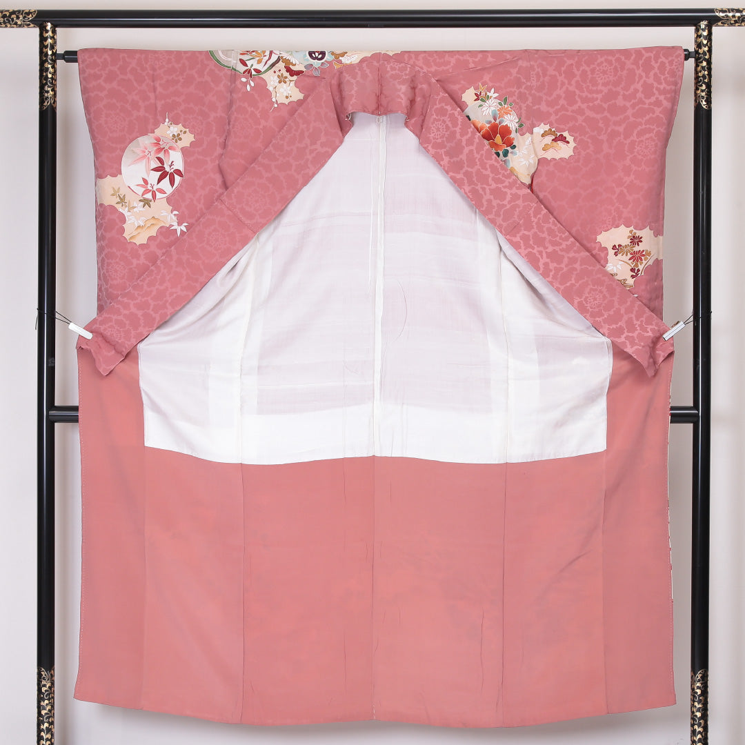 アンティーク 訪問着 (錦紗) 袷 身丈151cm 裄丈63cm 正絹 Aランク 紋意匠 (吉祥文様) 広衿 Sサイズ 花柄 吉祥文様 ピンク系 RP 1217-04501