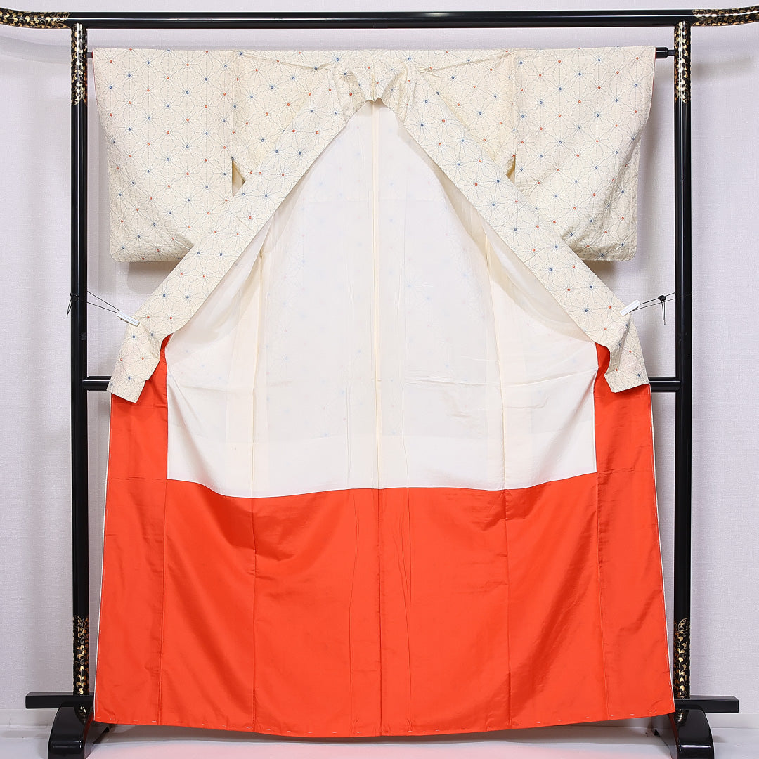 小紋 袷 身丈166cm 裄丈64cm 正絹 Aランク インフォーマル 広衿 XLサイズ 麻の葉 ベージュ系 RP 1221-11355