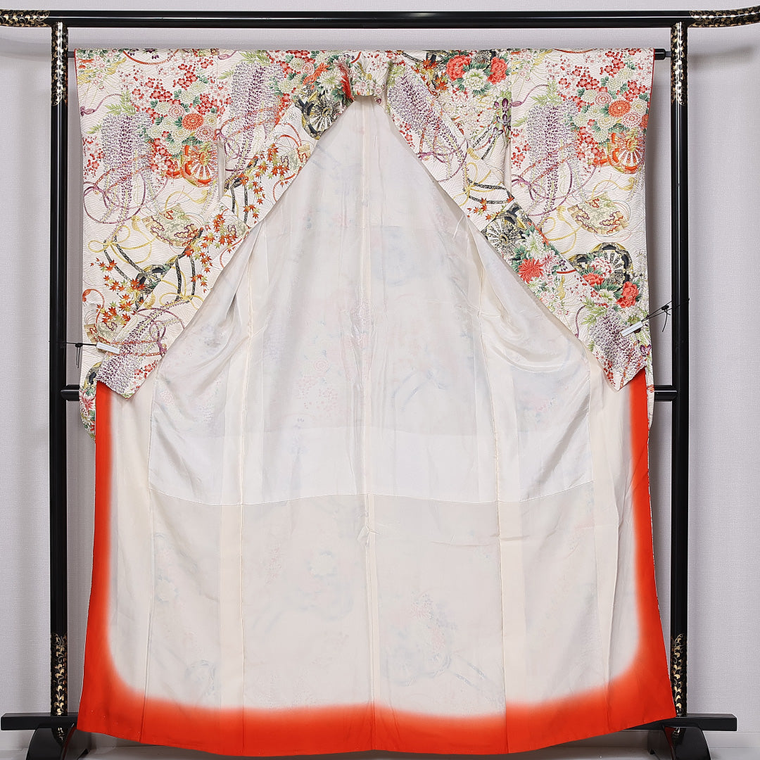 振袖 身丈164cm 裄丈64.5cm 袷 正絹 Sランク 広衿 花車 組紐 扇子 藤 紅葉 菊 1213-F0360