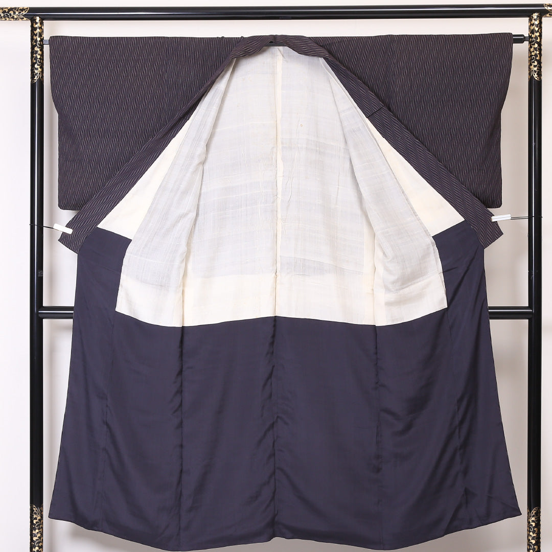 アンティーク お召 袷 身丈147cm 裄丈65cm 正絹 Aランク XSサイズ バチ衿 抽象柄 黒系 1265-01922
