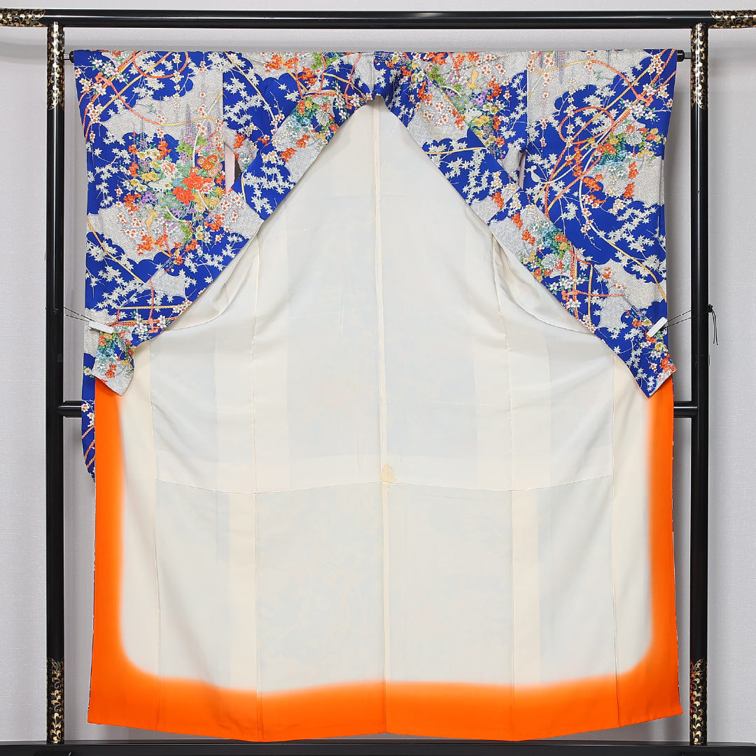振袖 身丈157cm 裄丈65cm Cランク 袷 正絹 S 広衿 吉祥文様 組紐 古典柄 花柄 青系 1213-F0428