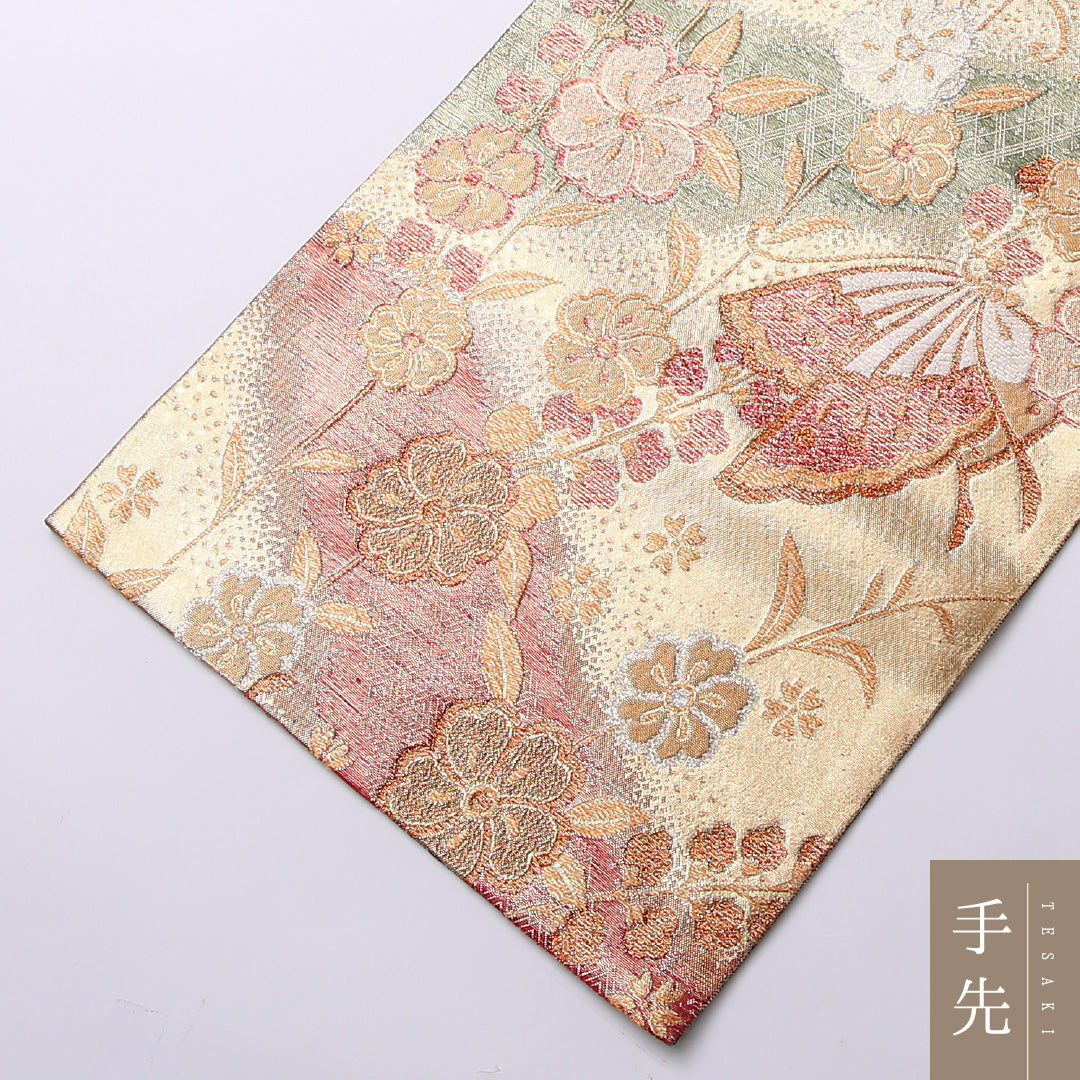 振袖用 袋帯 帯丈432cm 正絹 六通 リバーシブル 蝶 吉祥文様 金系 1243-01614