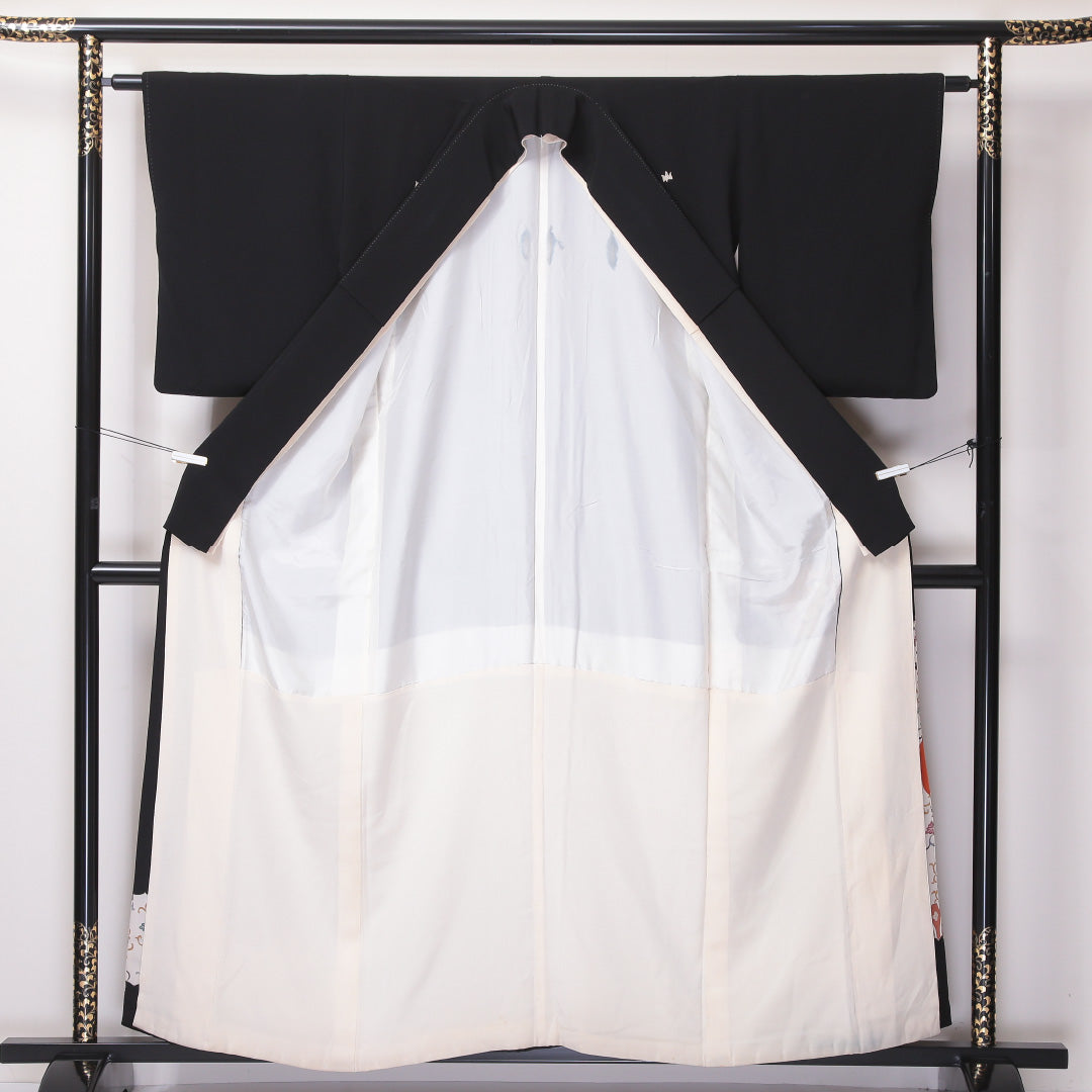 黒留袖 五つ紋 五七桐 身丈158cm 裄丈61.5cm Aランク 正絹 袷 比翼 広衿 M アラベスク 雪輪 金銀糸 フォーマル 黒系 1211-F0232