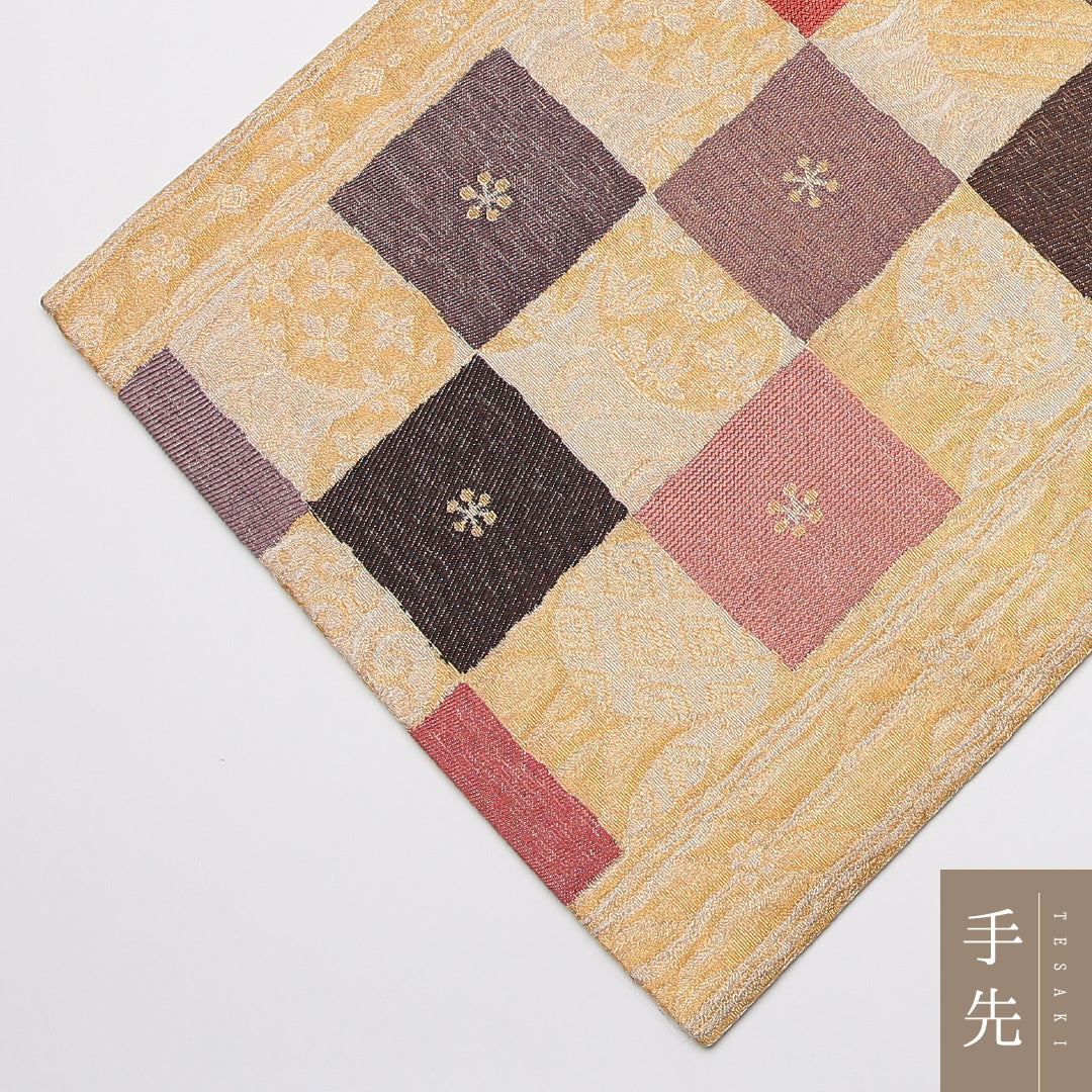 袋帯 帯丈444cm 正絹 六通 セミフォーマル 市松 丸文 金系 1243-01259