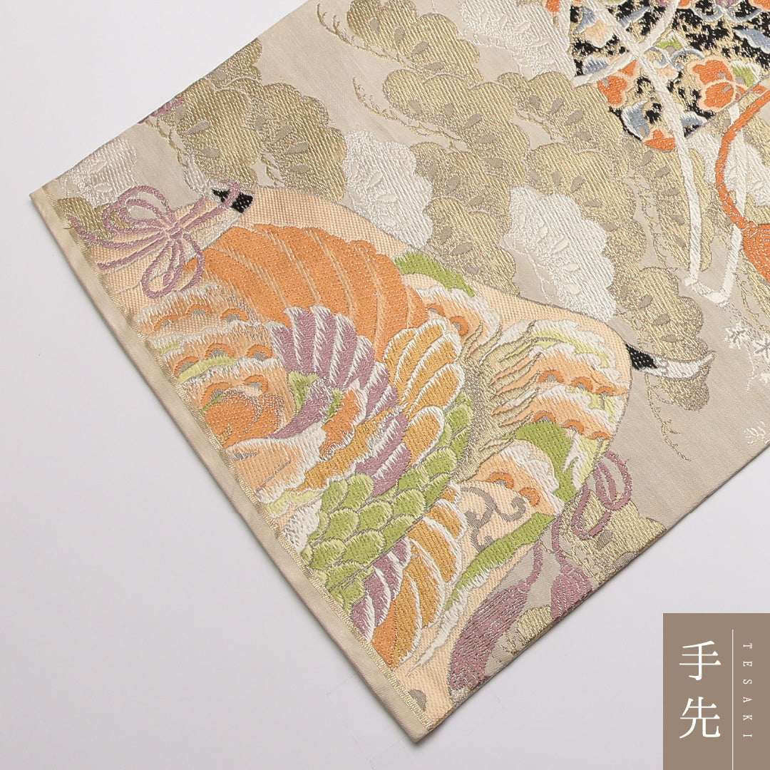 アンティーク 丸帯 帯丈400cm 正絹 全通 唐織 鳳凰 貝桶 クリーム系 1242-01377