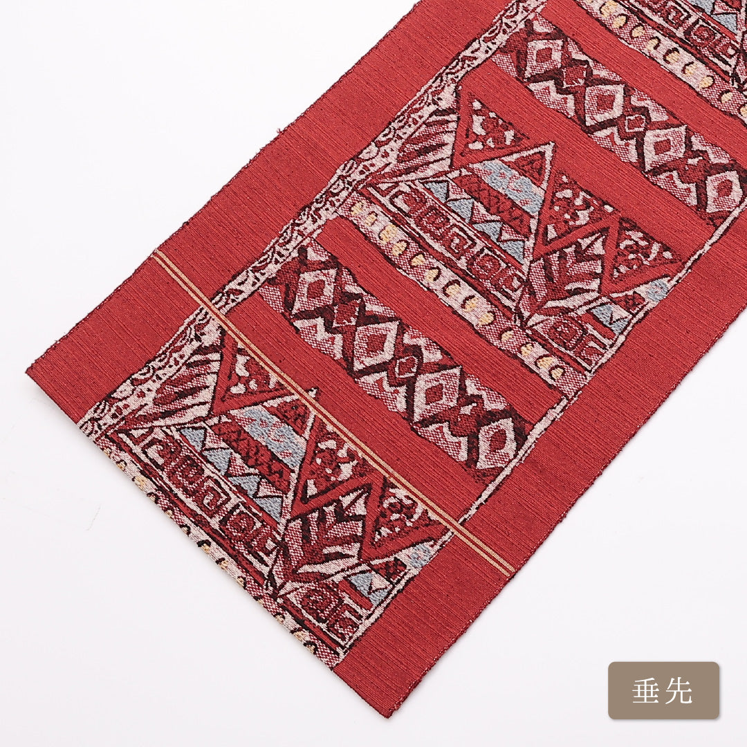 八寸名古屋帯 Sランク 帯丈332cm 正絹 六通 名古屋仕立て 織り カジュアル 紬 創作柄 赤系 LP 1245-01077