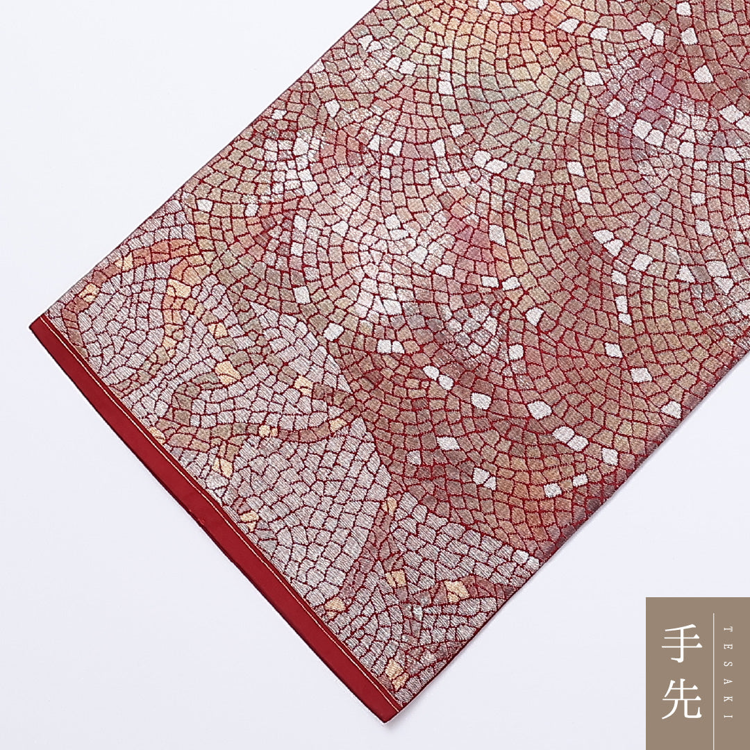 袋帯 帯丈420cm 六通 モダン カジュアル 赤系 正絹 Aランク 1223-00974