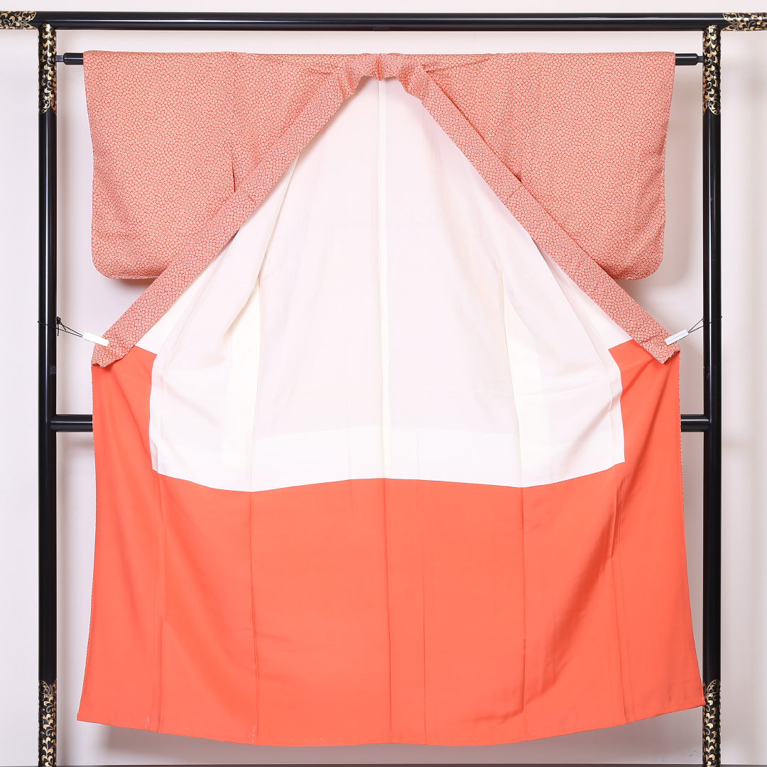 小紋 袷 身丈152cm 裄丈62cm 正絹 Sランク インフォーマル バチ衿 Sサイズ 椿 朱系 RP 1221-01895