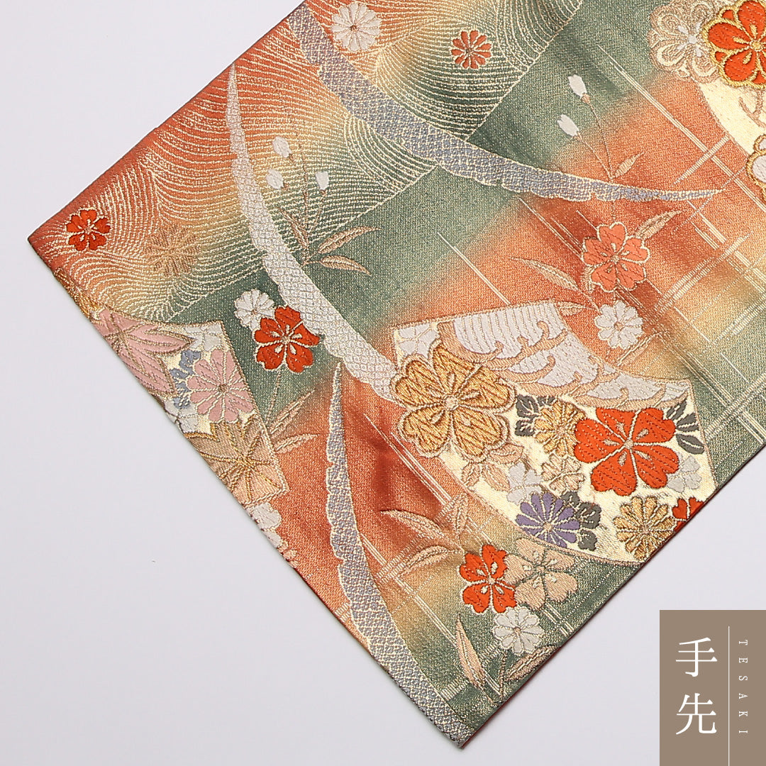 振袖用 袋帯 帯丈422cm 正絹 六通 唐織 花扇 蝶 赤系 緑系 1243-01039