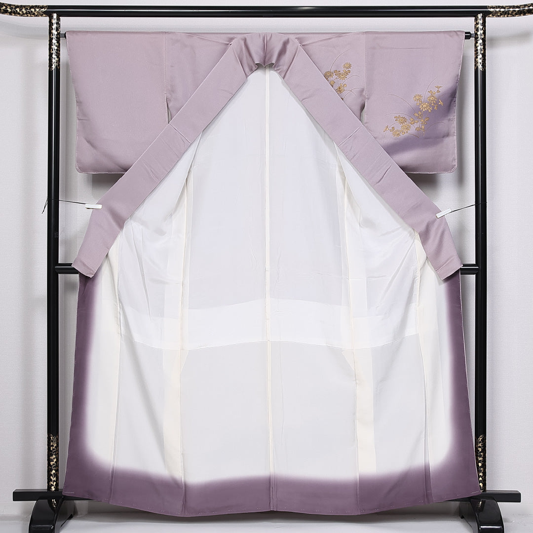 訪問着 身丈161cm 裄丈63.5cm 正絹 Sランク 袷 広衿 金彩 檜扇 菊 萩 刺繍 ぼかし しつけ糸 1212-10387