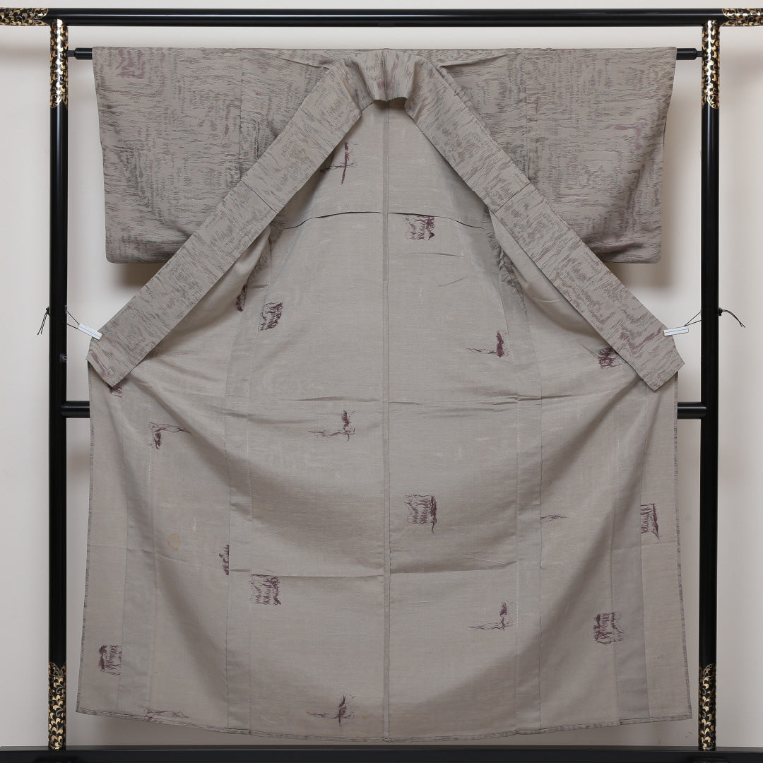 紬 単衣 身丈157cm 裄丈62cm 正絹 Cランク Mサイズ バチ衿 カジュアル 創作柄 グレー系 1216-02964