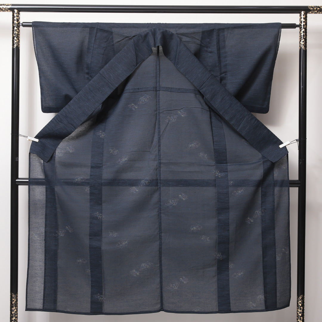 夏物 紬 夏紬 身丈152cm 裄丈61cm 正絹 Bランク カジュアル 広衿 Sサイズ 無地 紺系 RP 1223-03500