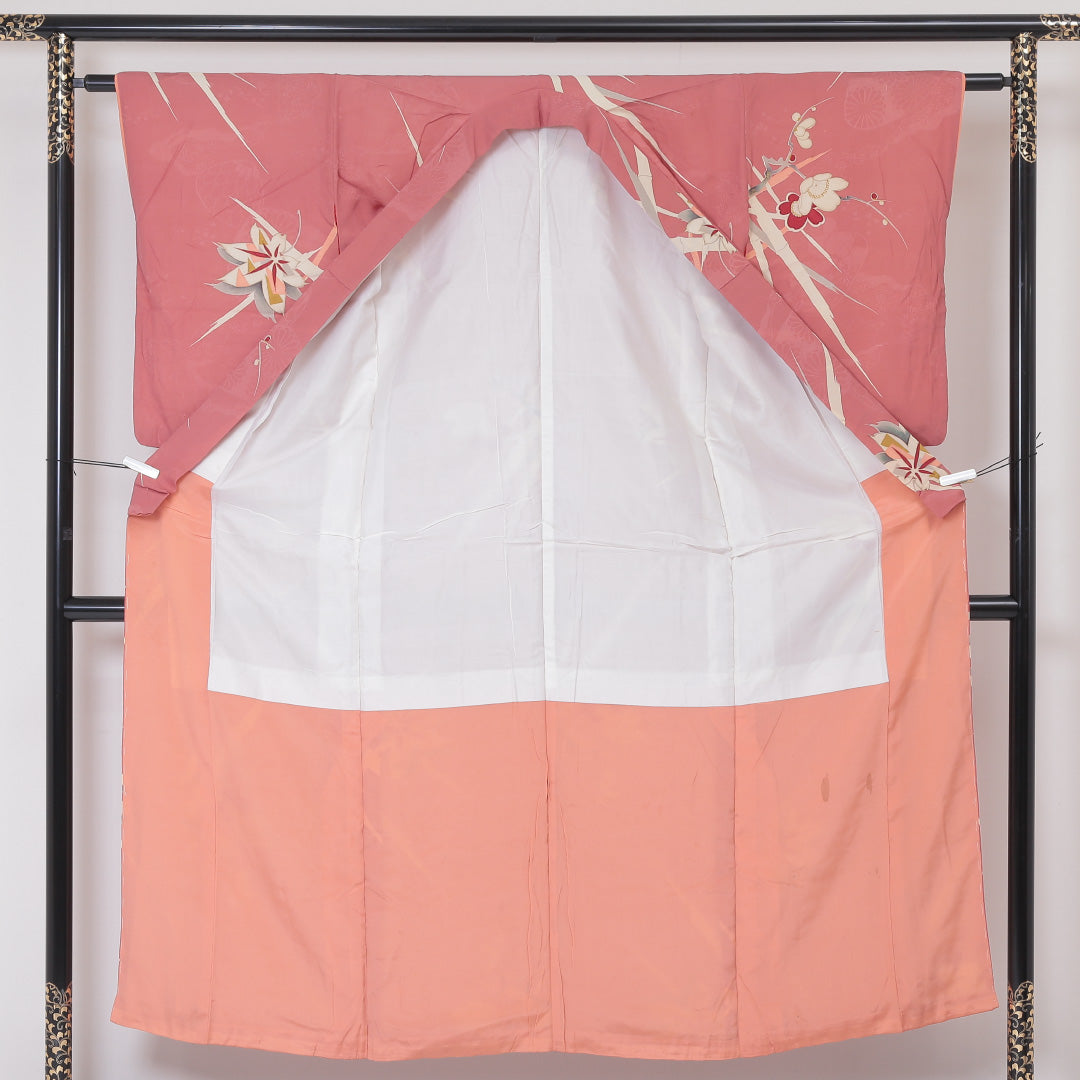 アンティーク 小紋 袷 身丈150cm 裄丈61cm 正絹 Bランク バチ衿 Sサイズ 花柄 ピンク系 RP 1221-01824