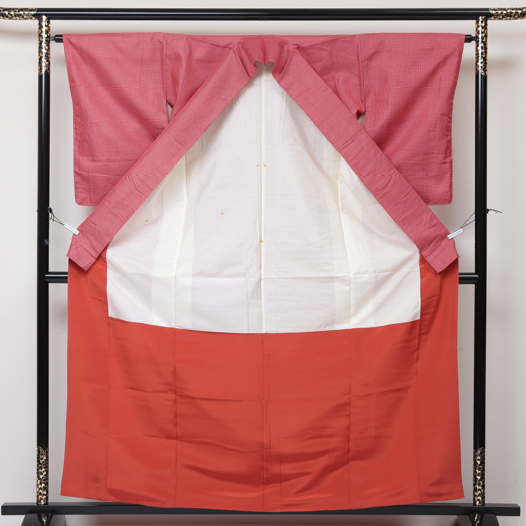 紬 袷 身丈161cm 裄丈64cm 正絹 Aランク カジュアル 広衿 Lサイズ 蚊絣 ピンク系 RP 1223-03000