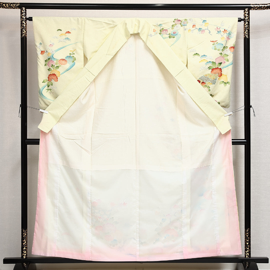 洗える着物 訪問着 袷 身丈158cm 裄丈61cm ポリエステル Cランク セミフォーマル 広衿 Mサイズ 金駒刺繍 扇 牡丹 黄系 LP 1217-14020