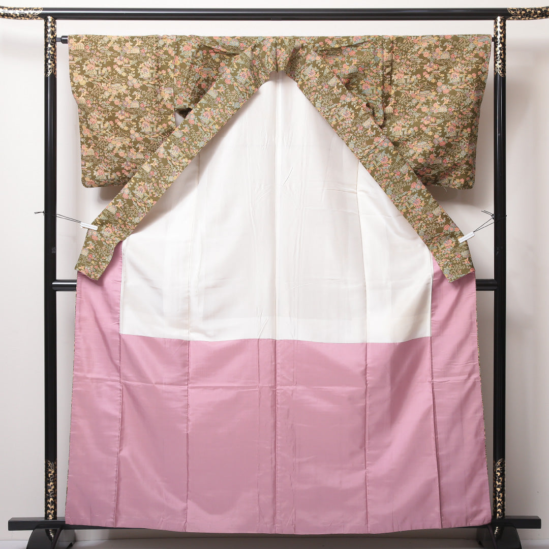 小紋(紬) 袷 身丈159cm 裄丈66cm 正絹 Sランク Mサイズ 広衿 インフォーマル 茶屋辻 緑系 1215-02226