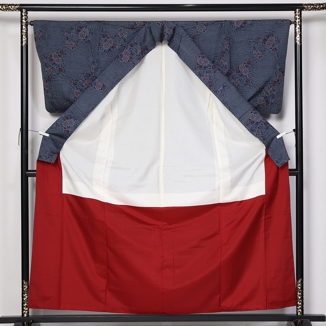 紬 袷 身丈160cm 裄丈64cm 正絹 Aランク カジュアル 広衿 Lサイズ 花柄 紺系 RP 1223-03867