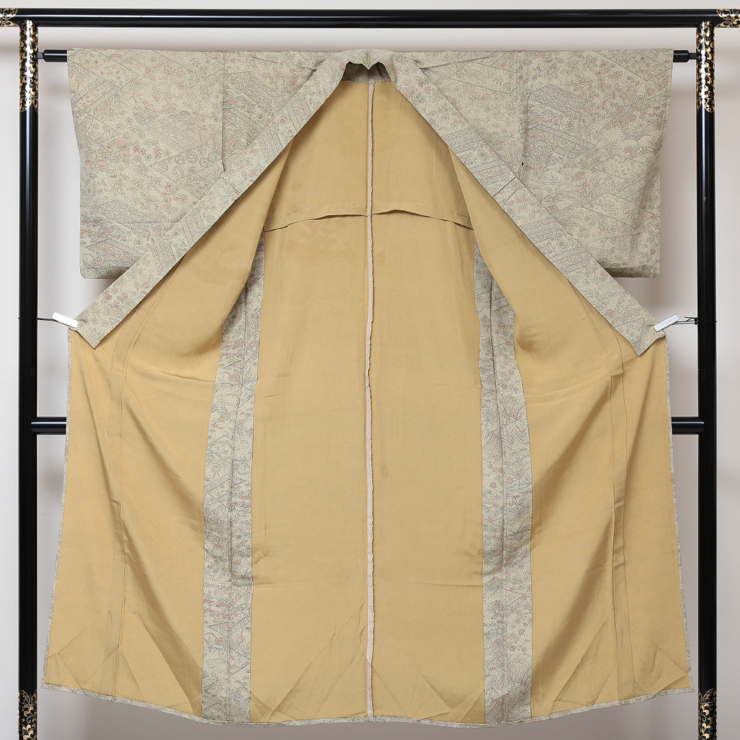 小紋 単衣 身丈145cm 裄62.5cm ベージュ系 古典柄 正絹 Aランク 1215-01519-3125