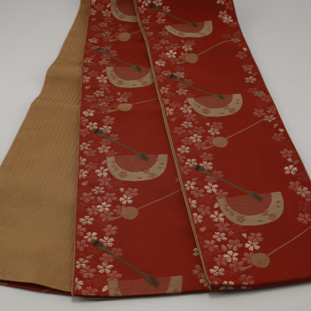 半幅帯 帯丈364cm 桜 ポリエステル 小袋帯 全通 未仕立て カジュアル Sランク 朱系 1225000167216