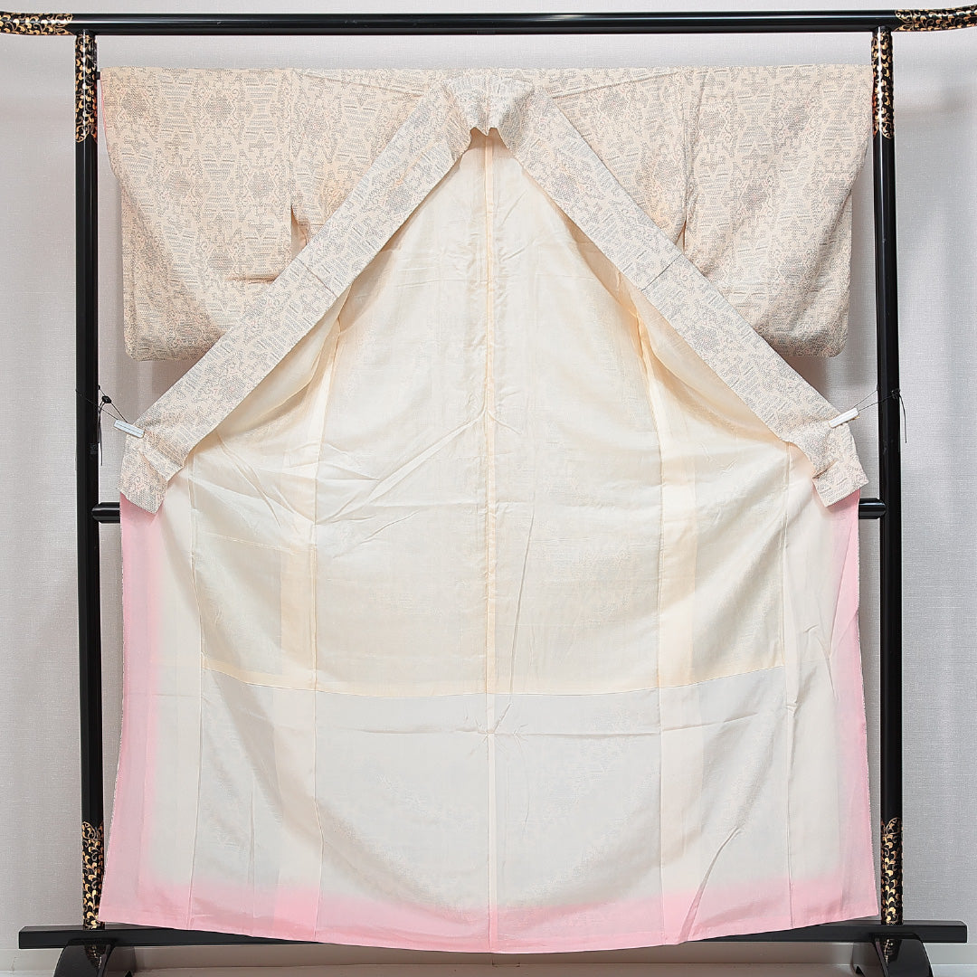 紬 袷 身丈156cm 裄丈66cm 正絹 Bランク カジュアル 広衿 Mサイズ アラベスク文様 クリーム系 HP 1223-14793
