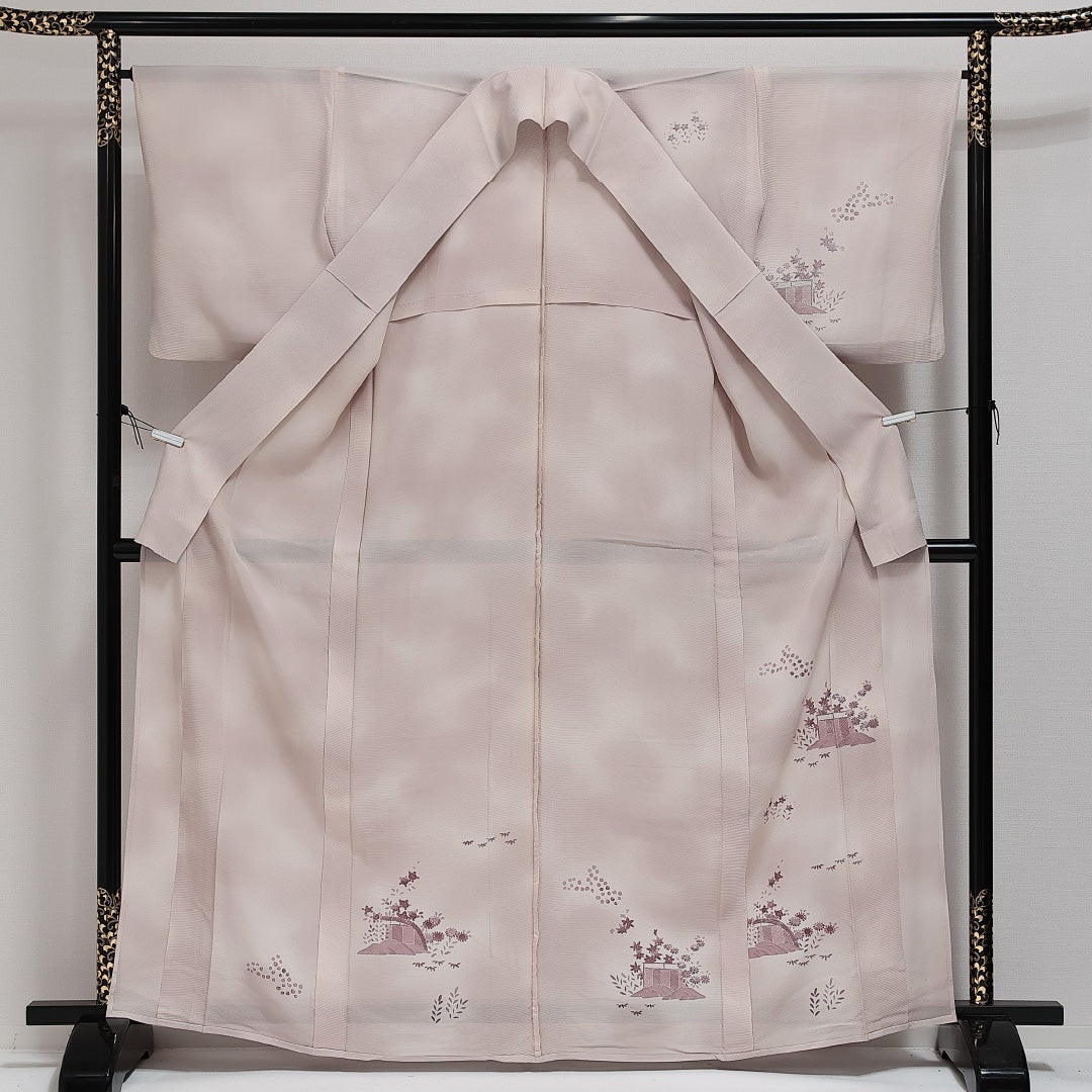 訪問着 (付下げ)絽 身丈163cm 裄丈63cm Aランク 正絹 広衿 Lサイズ セミフォーマル 檜垣 上品 落ち着き 紫系 クリーム系 1212-14273