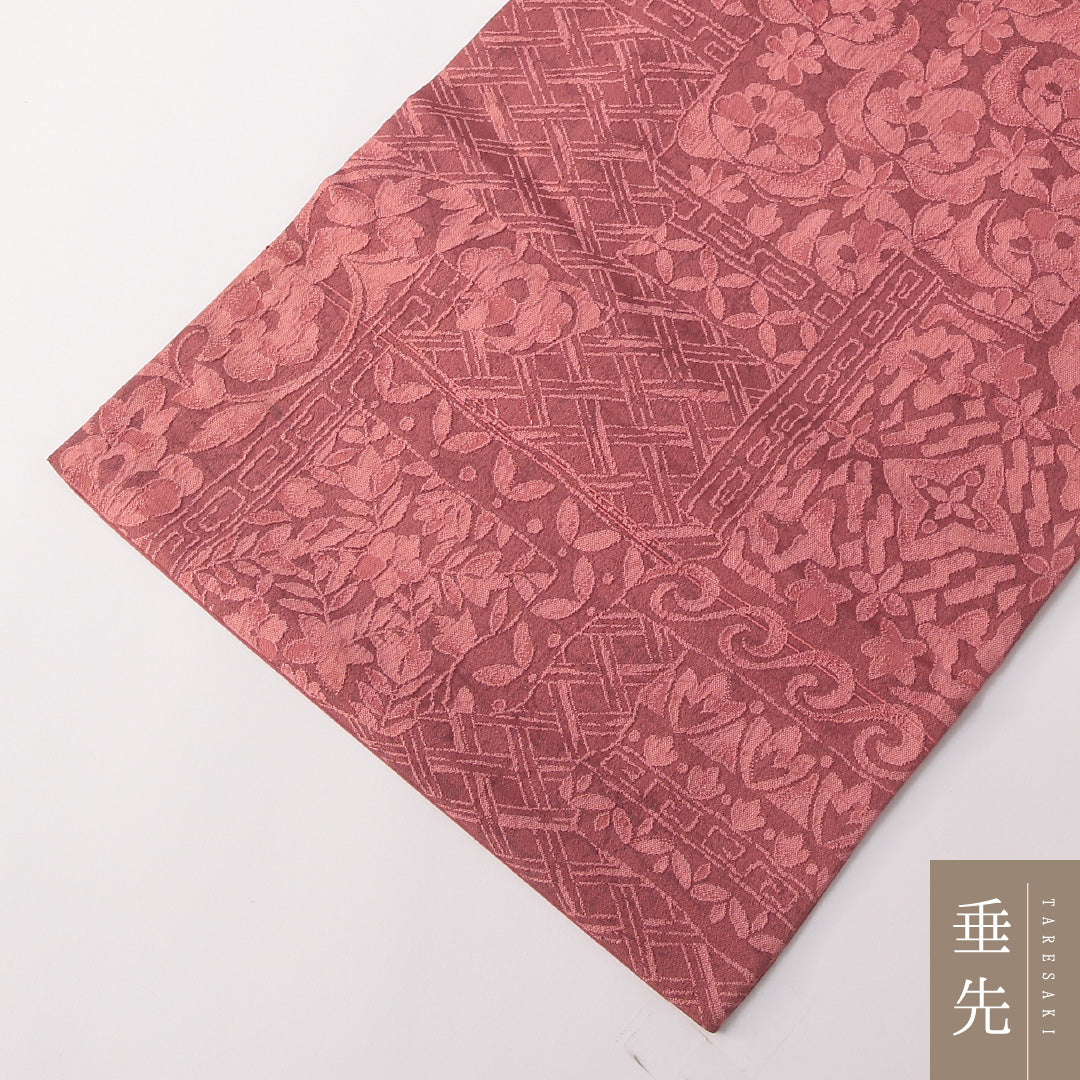 九寸名古屋帯 帯丈341cm カジュアル 名古屋仕立て 全通 Sランク 正絹 花柄 ピンク系 1224-03191