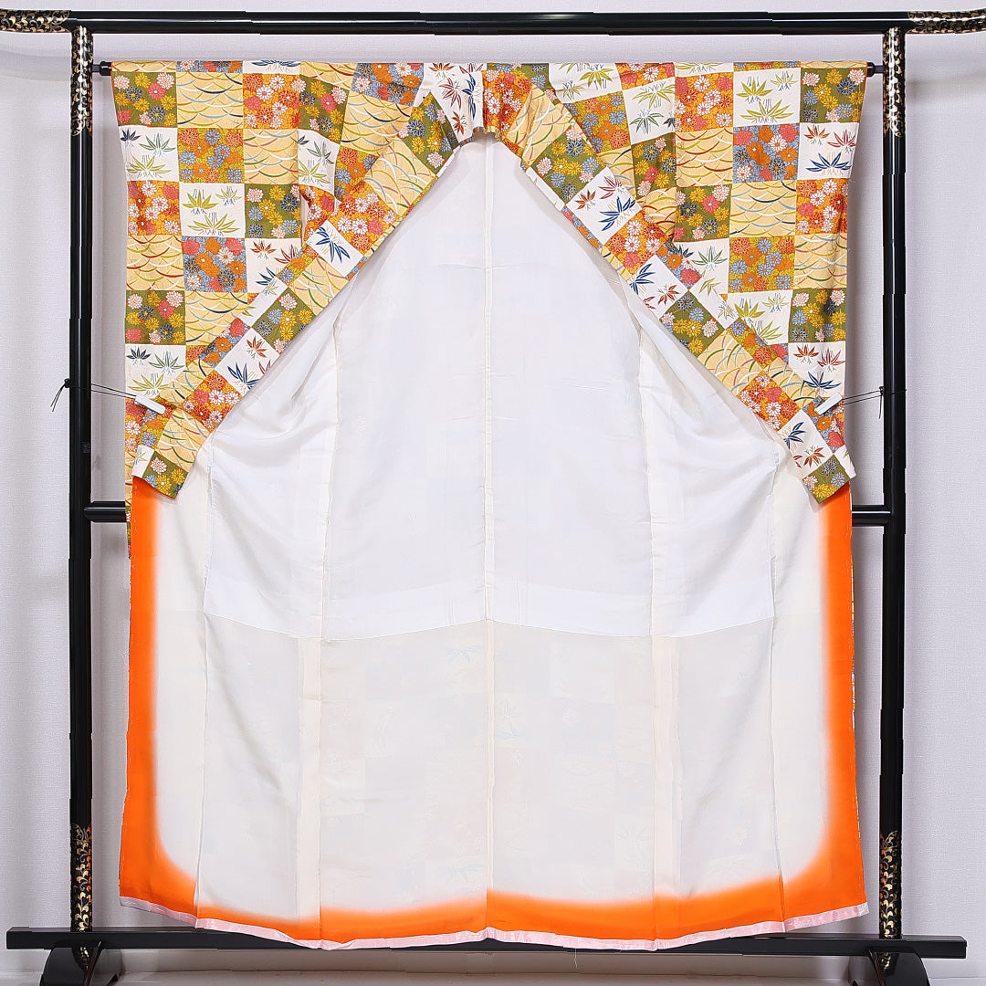 振袖 身丈158cm 裄丈63.5cm 袷 正絹 Bランク 広衿 市松模様 芝草 竹 菊 1213-F0396