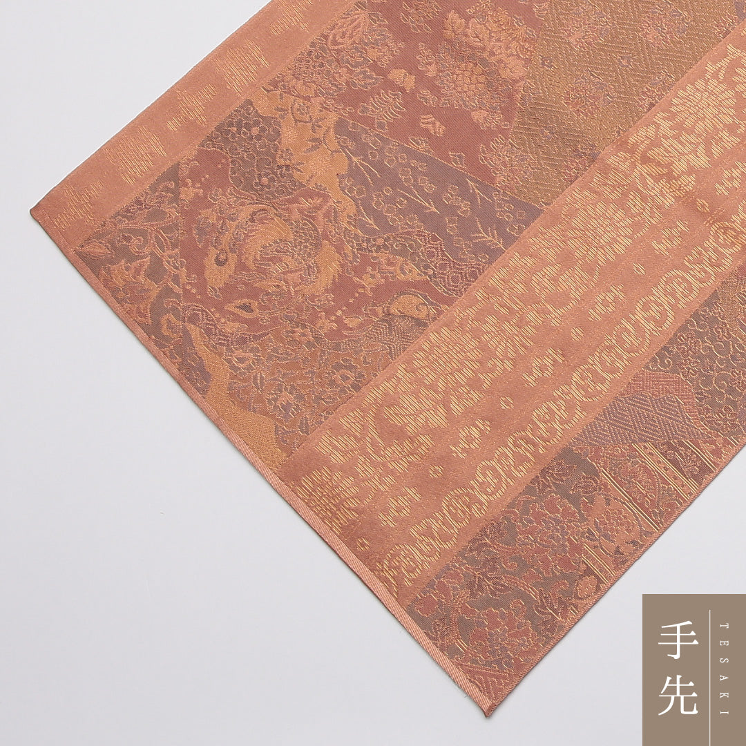 袋帯 帯丈444cm 正絹 六通 セミフォーマル 名物裂 朱系 金系 1243-01177
