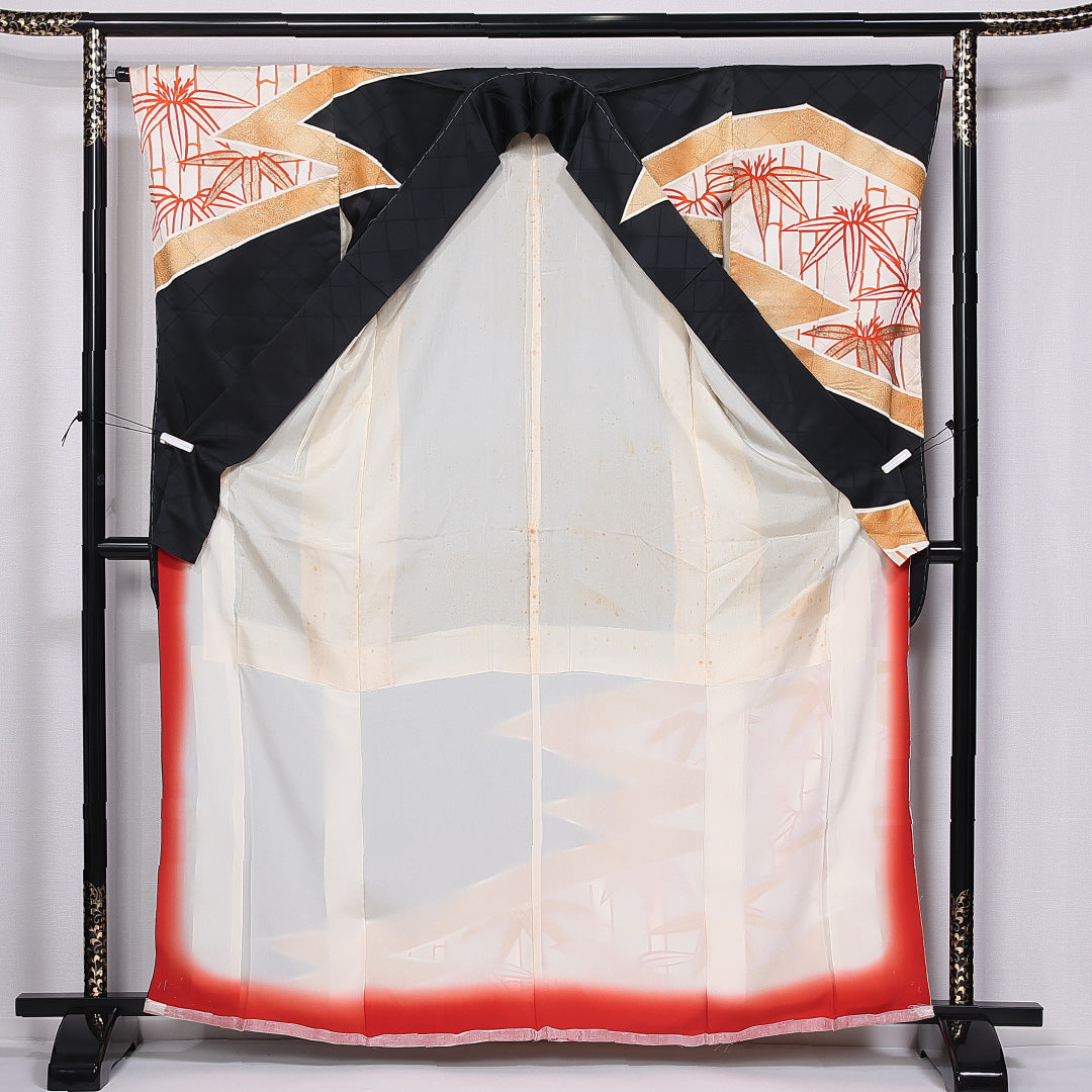 振袖 身丈163cm 裄丈64cm 袷 正絹 Bランク 広衿 竹 金糸 1213-F0395