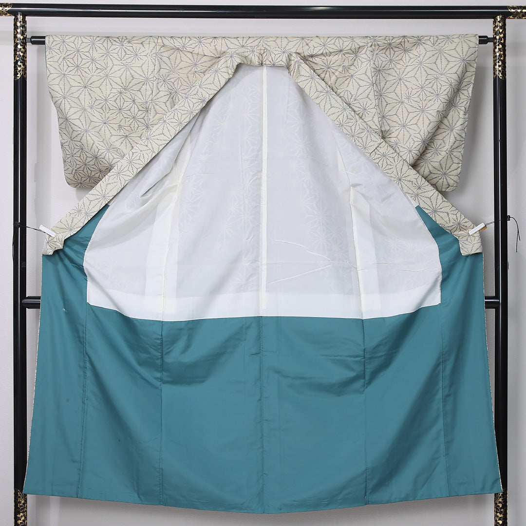 紬 身丈147cm 裄丈62.5cm Cランク XS 正絹 袷 バチ衿 麻の葉 カジュアル クリーム系 1216-12377