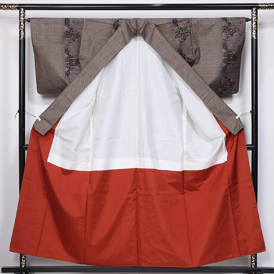 大島紬 袷 身丈155cm 裄丈64cm 正絹 Sランク インフォーマル 広衿 Mサイズ 経緯絣 花柄 花菱亀甲 茶系 M4 1223-11175