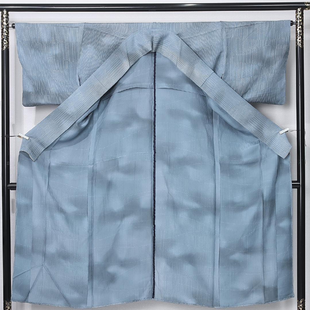 小紋 身丈143cm 裄丈65cm Aランク XS 正絹 単衣 広衿 織り出し 創作 ぼかし カジュアル 水色系 1215-12301