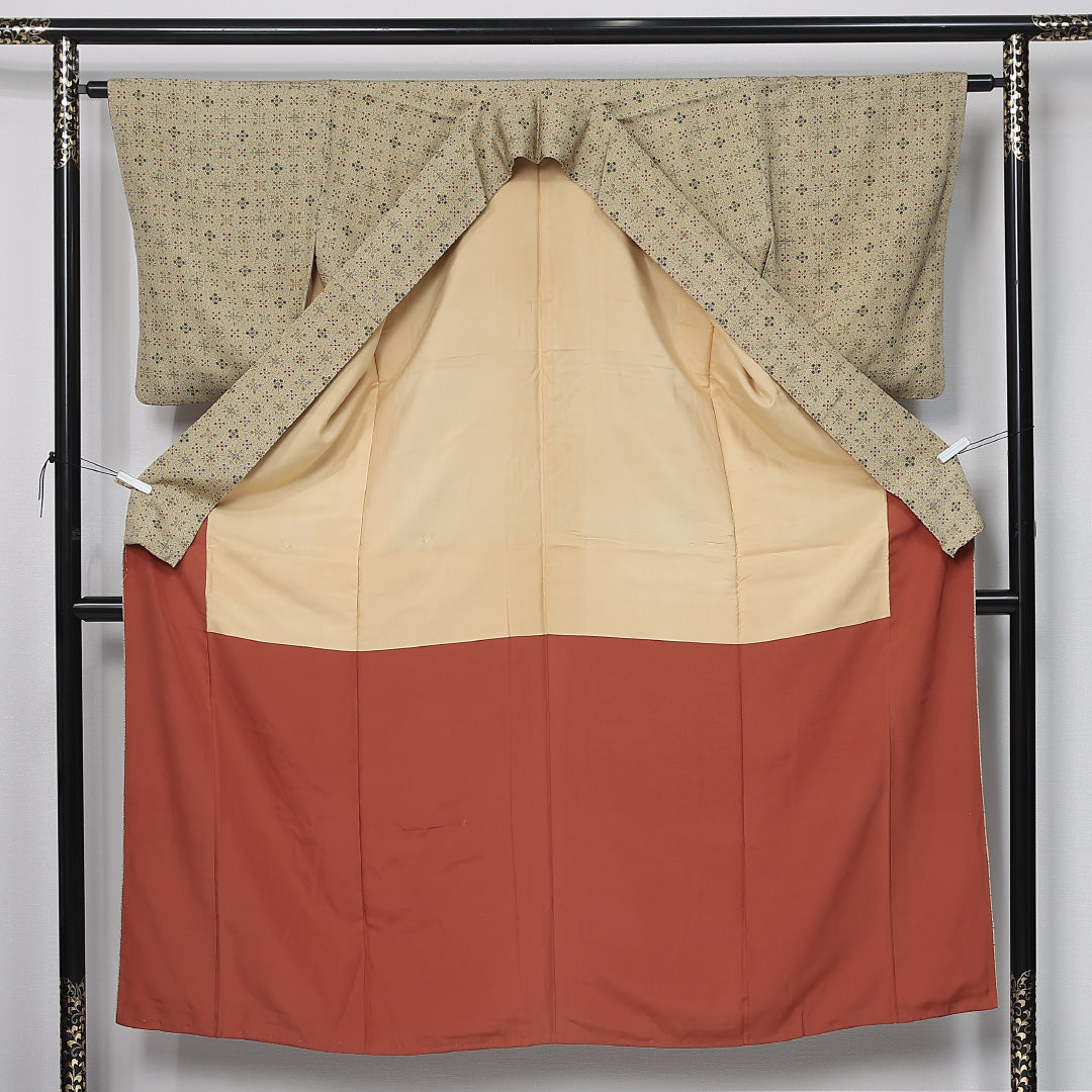 小紋 身丈150cm 裄丈63cm Aランク S 正絹 袷 広衿 オリエンタル 花菱 カジュアル 緑系 1215-11996