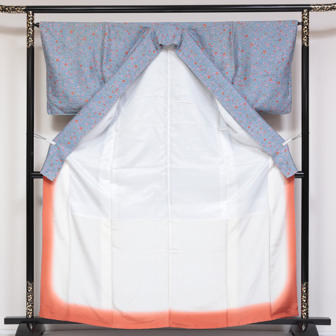 小紋 袷 身丈161cm 裄丈65cm 正絹 Sランク インフォーマル 広衿 Lサイズ 花柄 水色系 RP 1221-01738