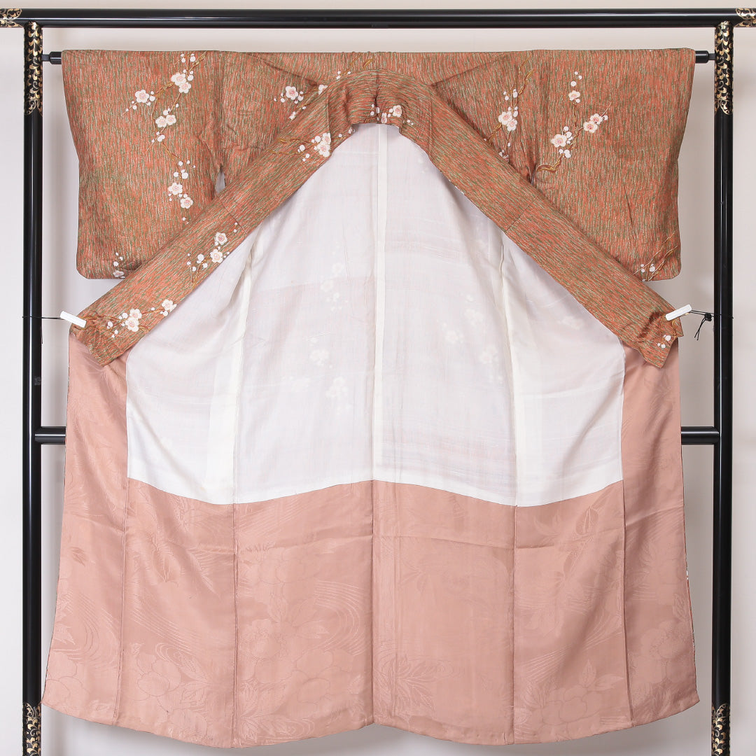 アンティーク 小紋 袷 身丈147cm 裄丈65cm 正絹 Aランク XSサイズ 広衿 梅 朱系 紫系 1215-02093