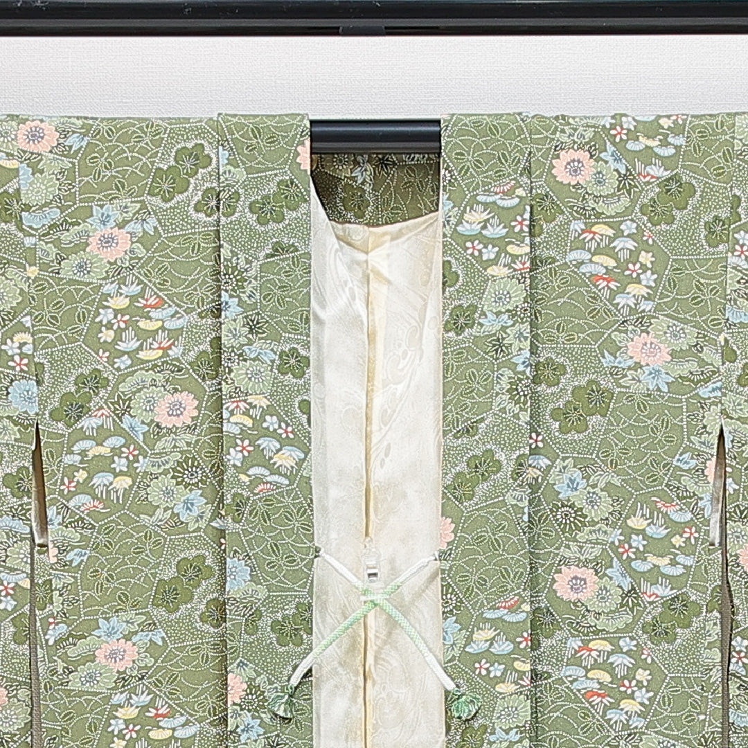 羽織 袷 身丈81cm 裄丈63cm 正絹 Sランク カジュアル Sサイズ 紐あり 松竹梅 緑系 RP 1232-14840