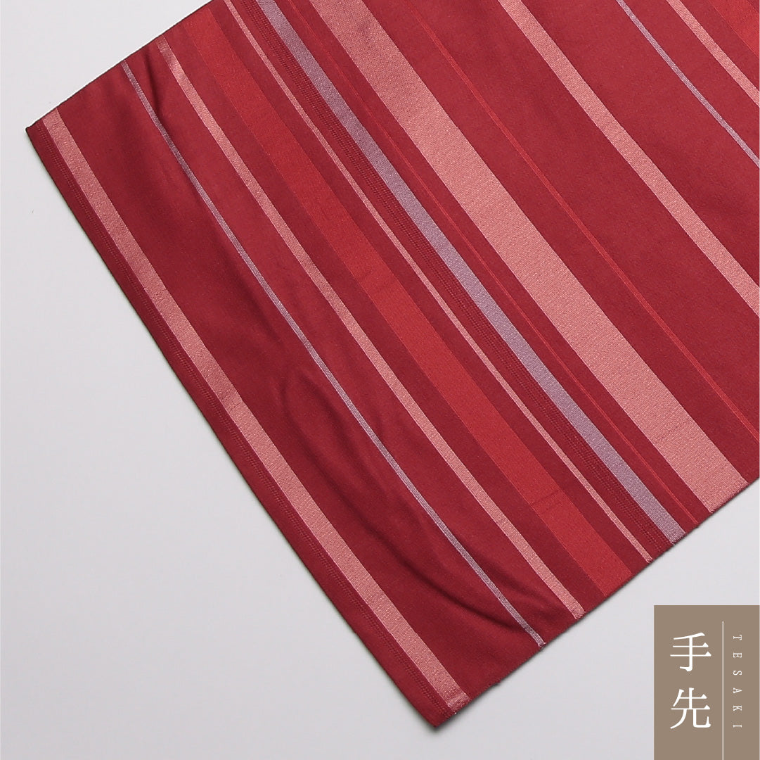 九寸名古屋帯 Sランク 帯丈346cm 正絹 六通 開き仕立て 織り カジュアル 縞 赤系 LP 1245-01784